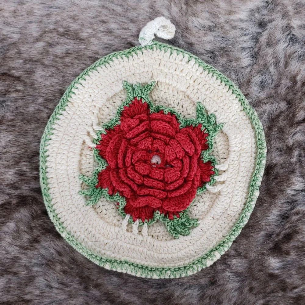 Handmade Round Crochet Pot Holder With Rose Design - Red Green & Cream Colors Pe